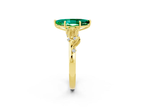 Yellow gold Marquise Cut Emerald Solitaire Ring with Leaf Motif Band and Four-Prong Setting_2