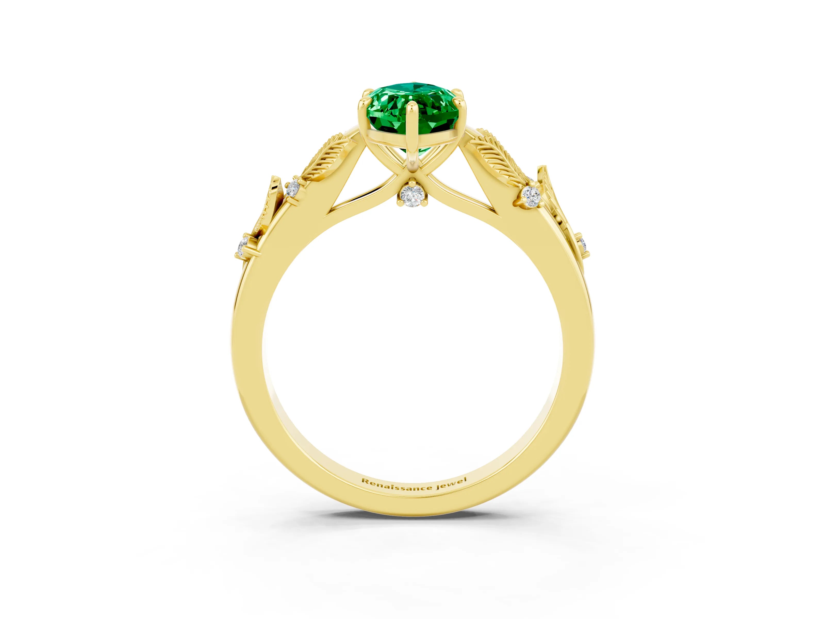 Yellow gold Marquise Cut Emerald Solitaire Ring with Leaf Motif Band and Four-Prong Setting_3