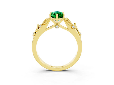 Yellow gold Marquise Cut Emerald Solitaire Ring with Leaf Motif Band and Four-Prong Setting_3