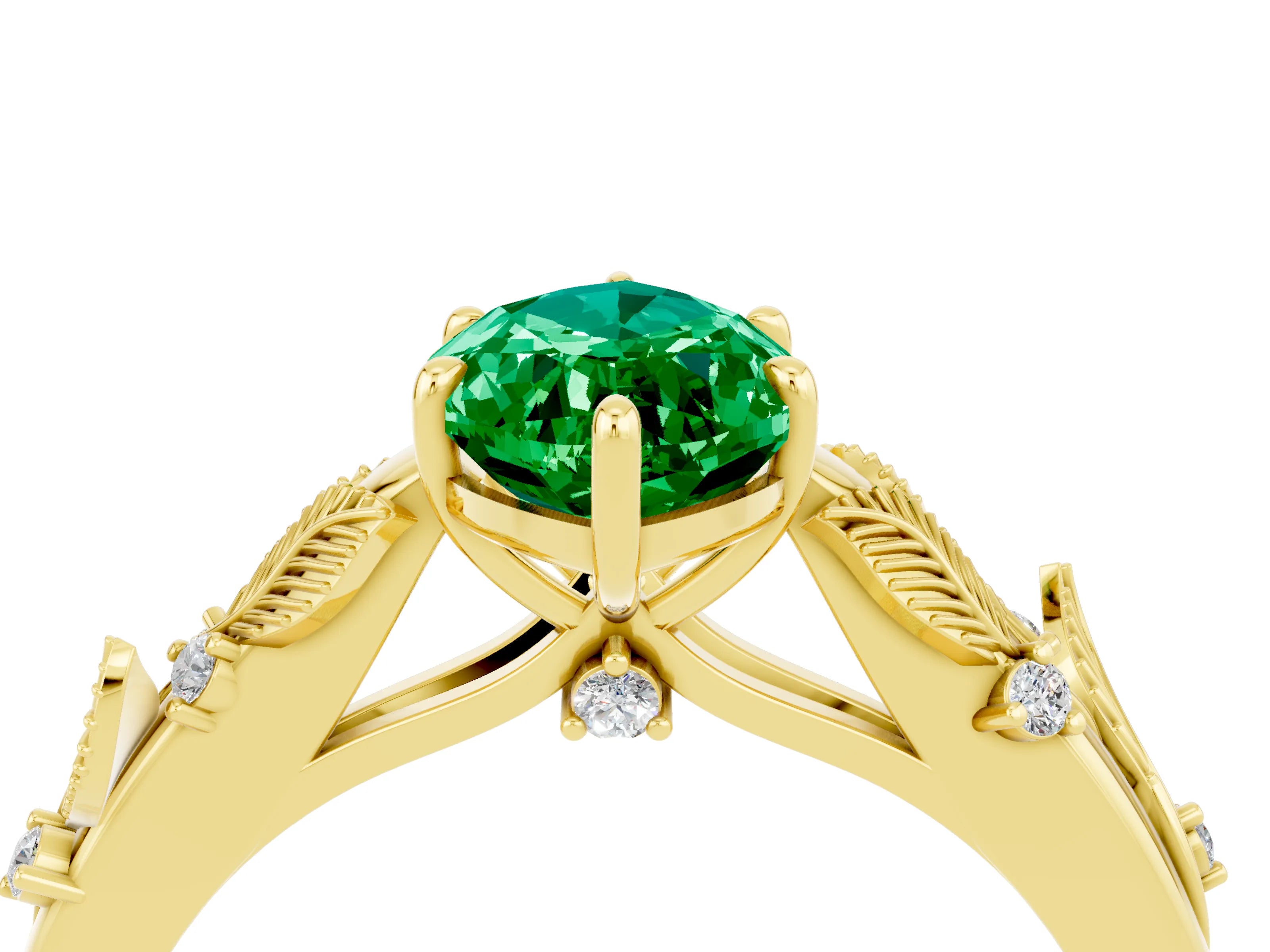 Yellow gold Marquise Cut Emerald Solitaire Ring with Leaf Motif Band and Four-Prong Setting_4