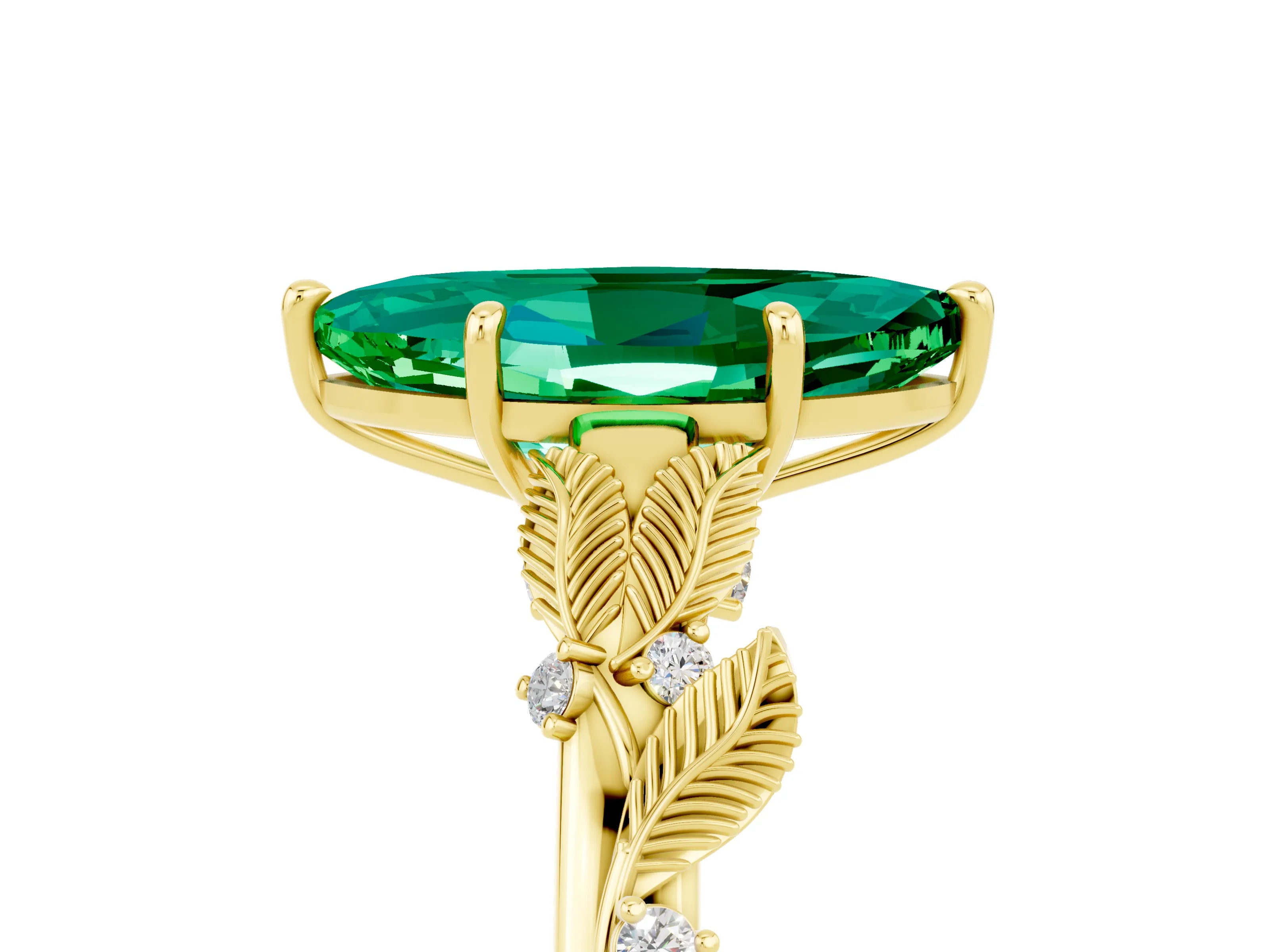 Yellow gold Marquise Cut Emerald Solitaire Ring with Leaf Motif Band and Four-Prong Setting_5