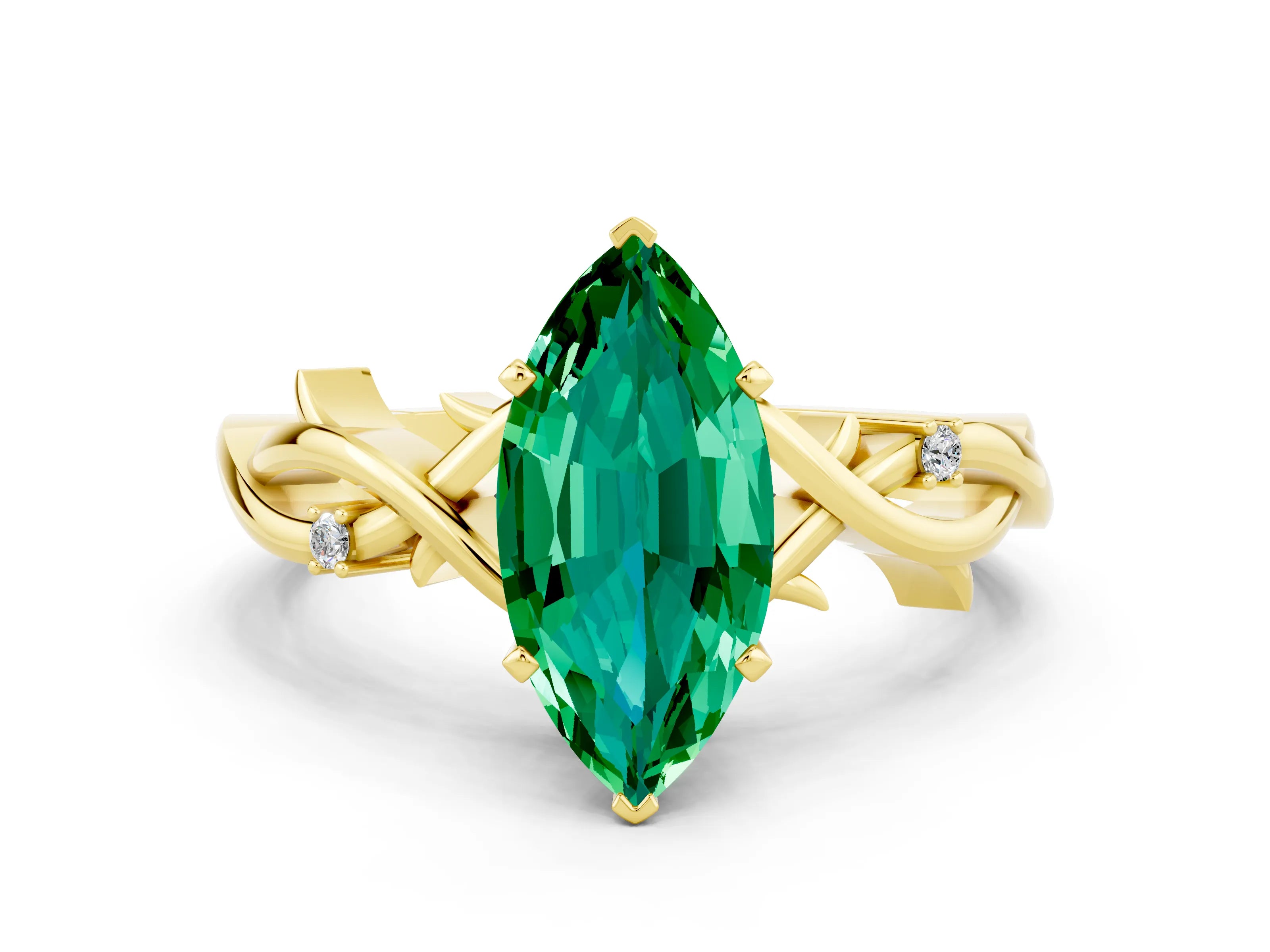 Yellow gold Marquise Cut Emerald Solitaire Ring with Milgrain Pavé Band and Four-Prong Setting_12