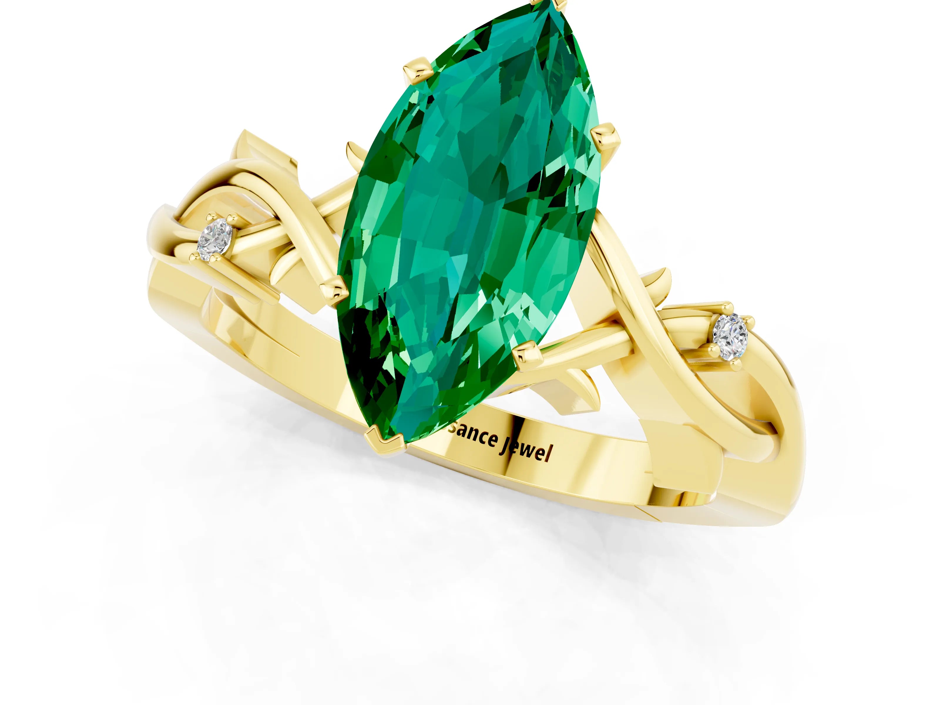 Yellow gold Marquise Cut Emerald Solitaire Ring with Milgrain Pavé Band and Four-Prong Setting_13