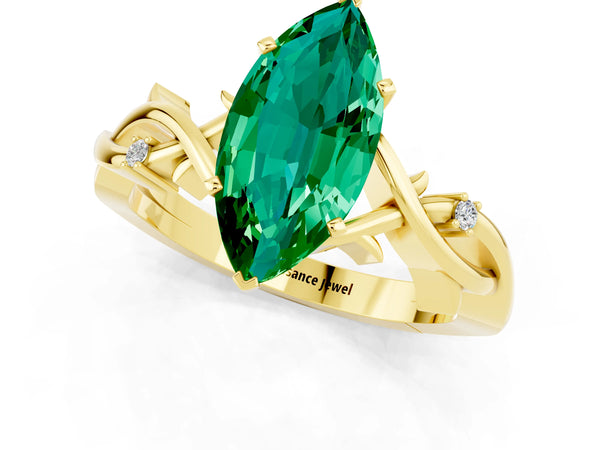 Yellow gold Marquise Cut Emerald Solitaire Ring with Milgrain Pavé Band and Four-Prong Setting