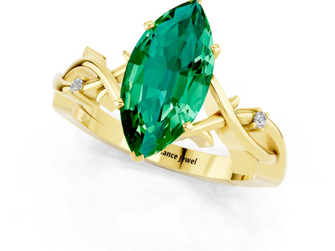Yellow gold Marquise Cut Emerald Solitaire Ring with Milgrain Pavé Band and Four-Prong Setting_13