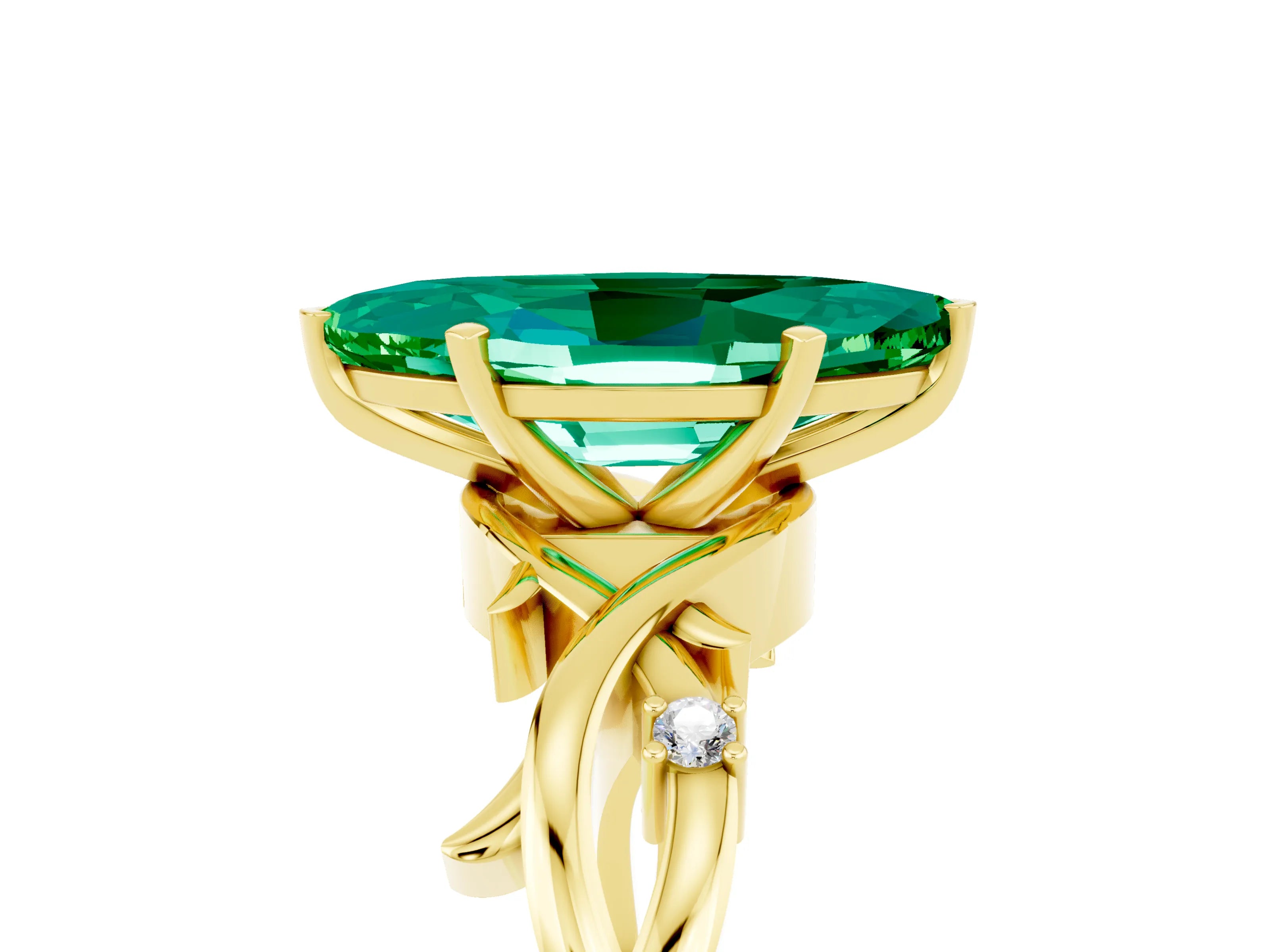 Yellow gold Marquise Cut Emerald Solitaire Ring with Milgrain Pavé Band and Four-Prong Setting_17
