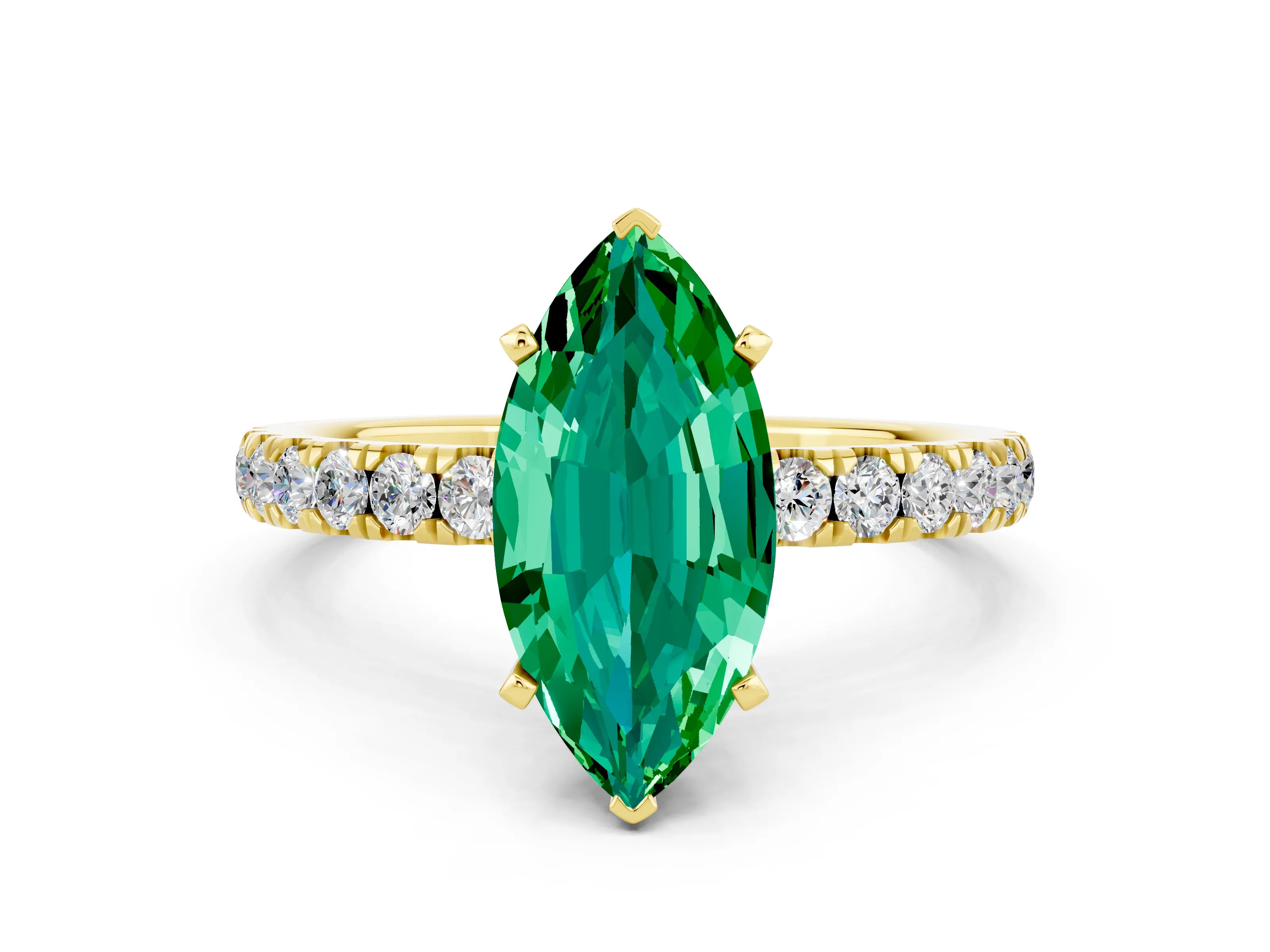 Yellow gold Marquise Cut Emerald Solitaire Ring with Pavé Accents and Four-Prong Setting