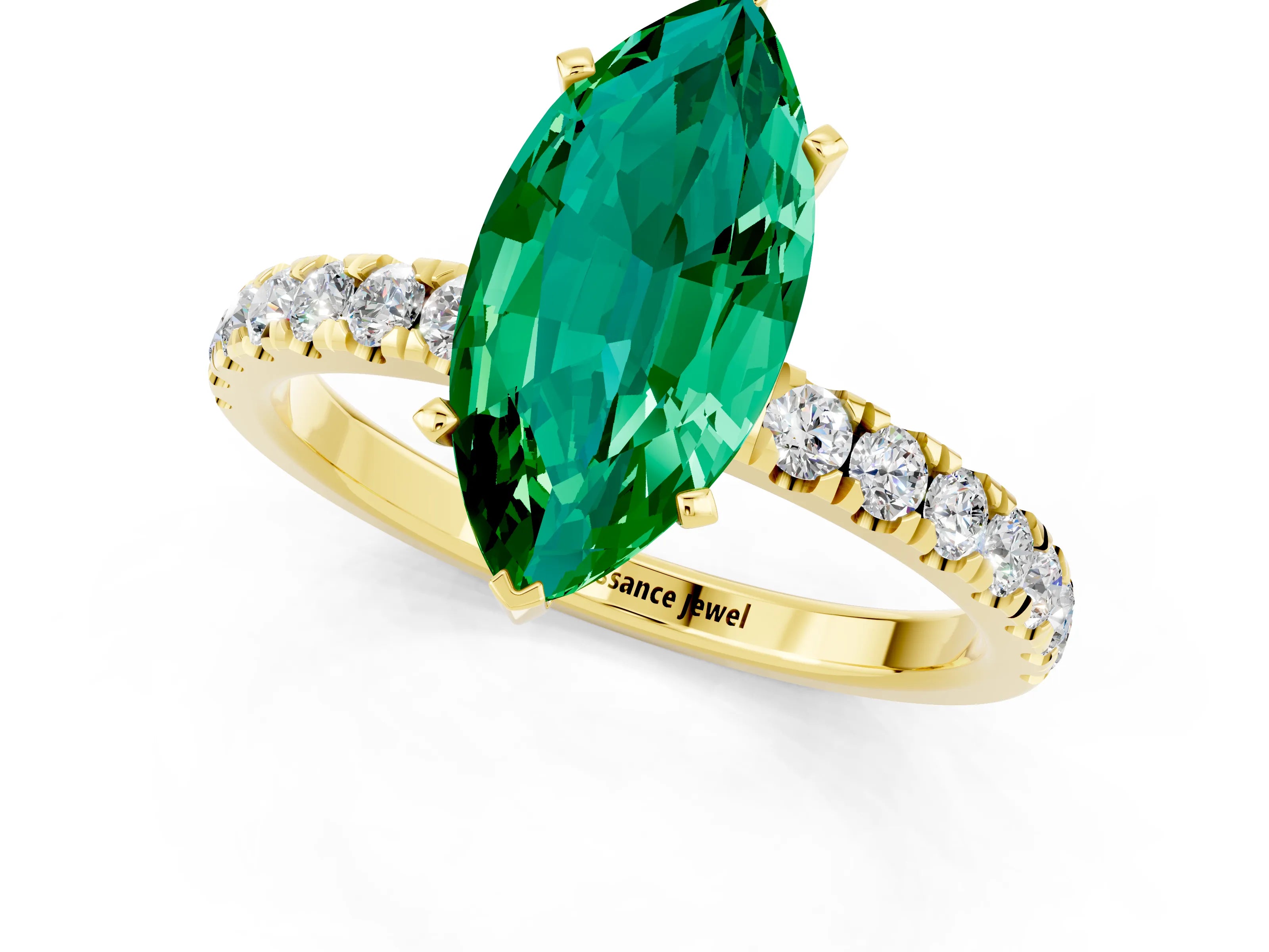 Yellow gold Marquise Cut Emerald Solitaire Ring with Pavé Accents and Four-Prong Setting_1