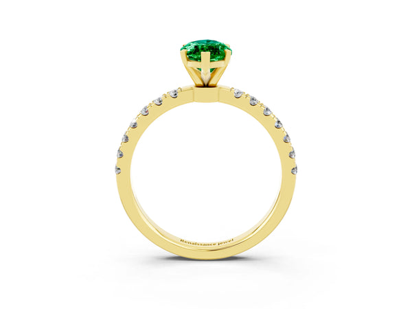 Yellow gold Marquise Cut Emerald Solitaire Ring with Pavé Accents and Four-Prong Setting