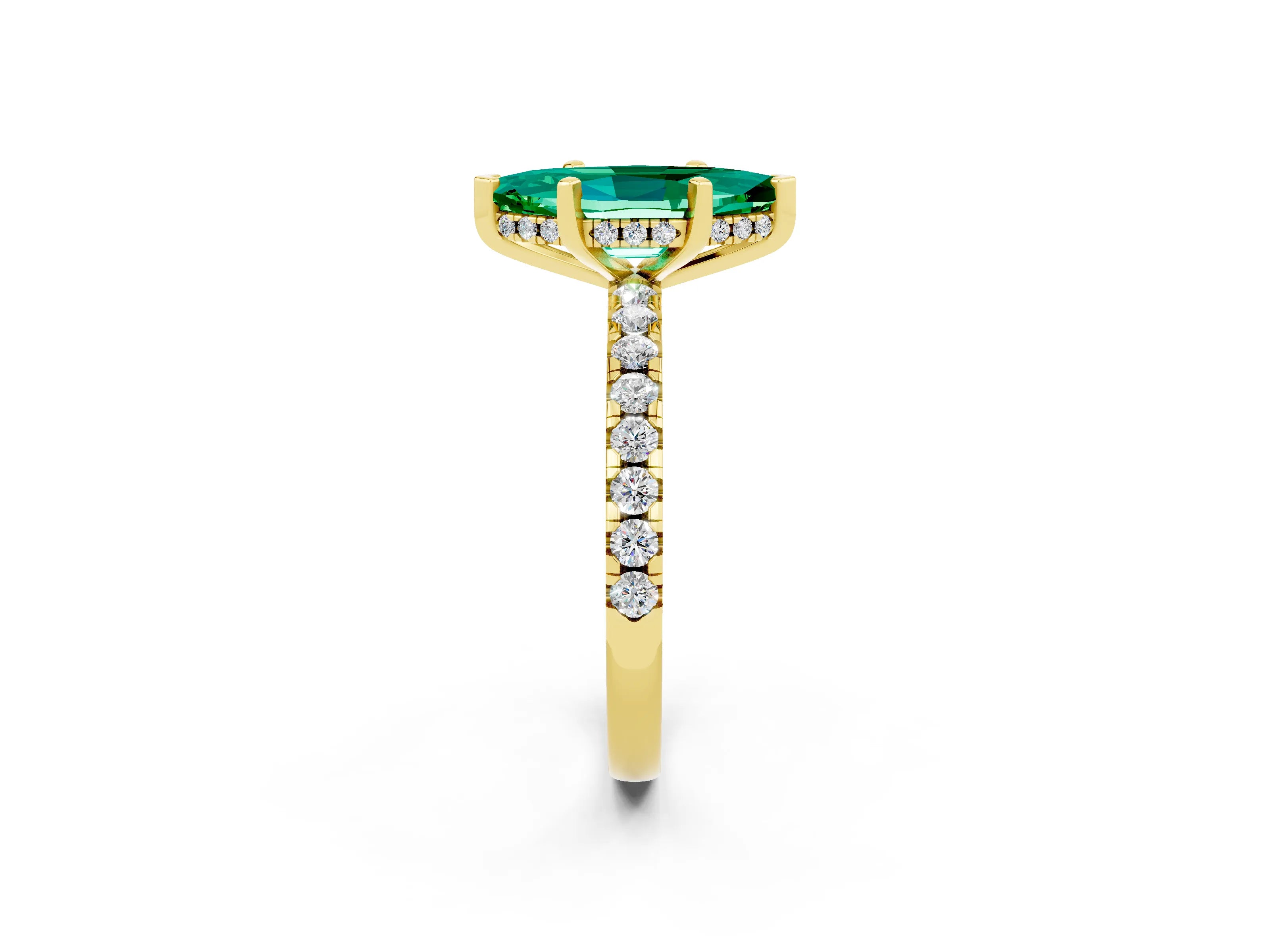Yellow gold Marquise Cut Emerald Solitaire Ring with Pavé Band and Four-Prong Setting_26