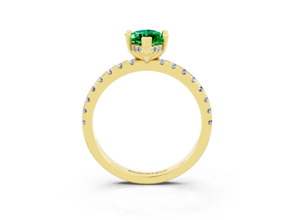 Yellow gold Marquise Cut Emerald Solitaire Ring with Round  Pavé Band and Four-Prong Setting