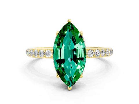 Yellow gold Marquise Cut Emerald Solitaire Ring with Pavé Band and Hidden Halo_12
