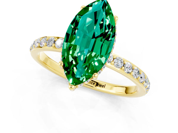 Yellow gold Marquise Cut Emerald Solitaire Ring with Pavé Band and Hidden Halo