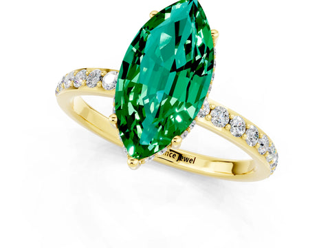 Yellow gold Marquise Cut Emerald Solitaire Ring with Pavé Band and Hidden Halo_13
