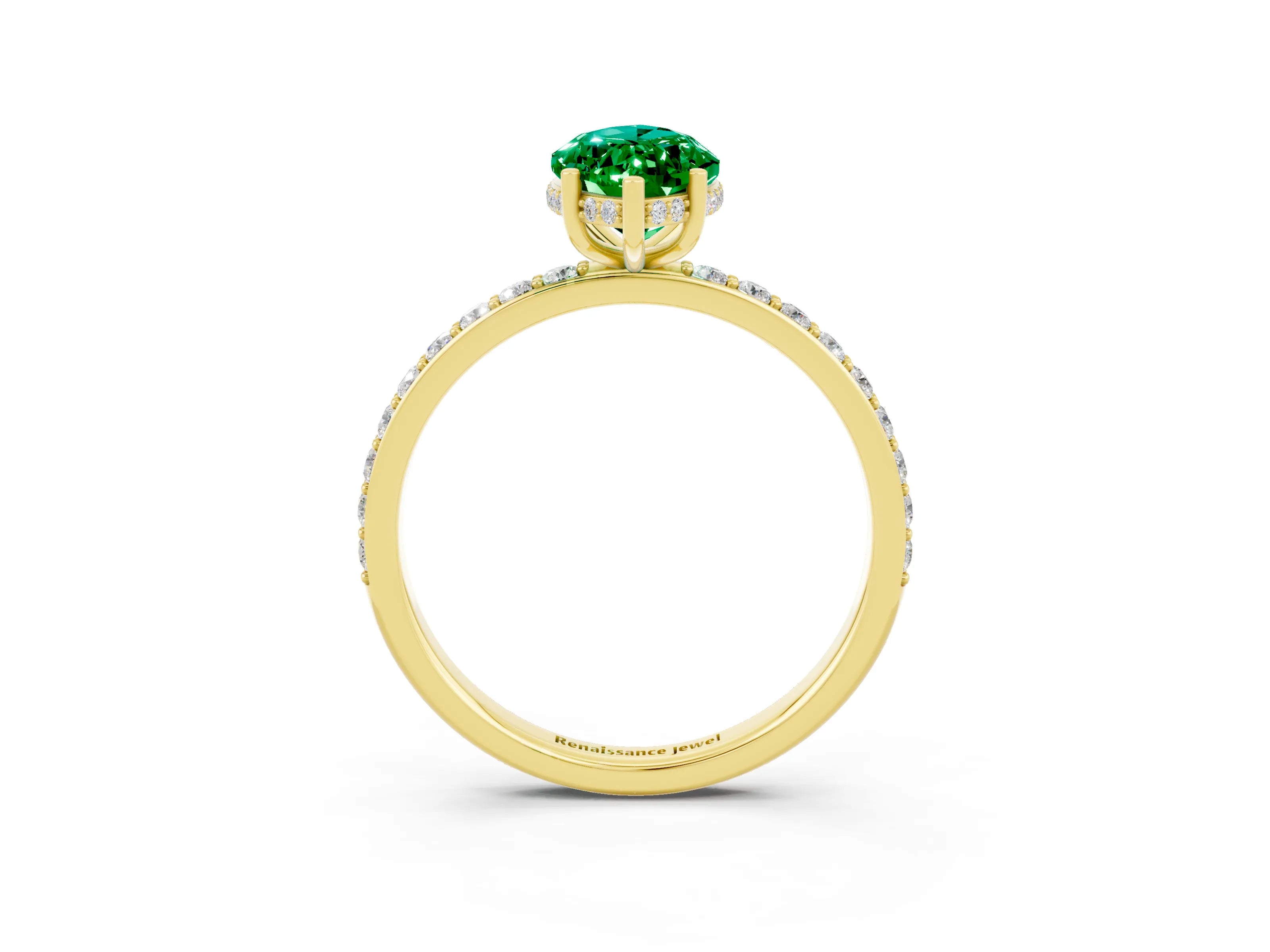 Yellow gold Marquise Cut Emerald Solitaire Ring with Pavé Band and Hidden Halo_15