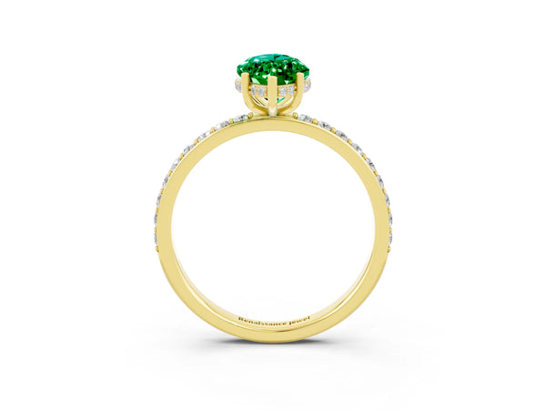 Yellow gold Marquise Cut Emerald Solitaire Ring with Pavé Band and Hidden Halo