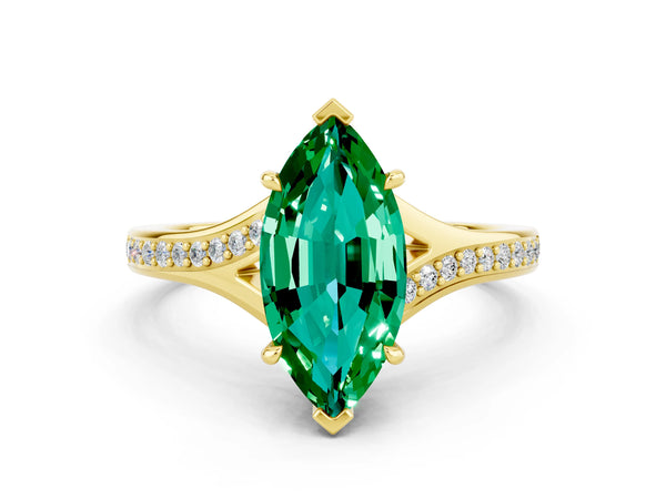 Yellow gold Marquise Cut Emerald Solitaire Ring with Pavé Band and Prong Setting