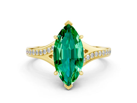 Yellow gold Marquise Cut Emerald Solitaire Ring with Pavé Band and Prong Setting_12