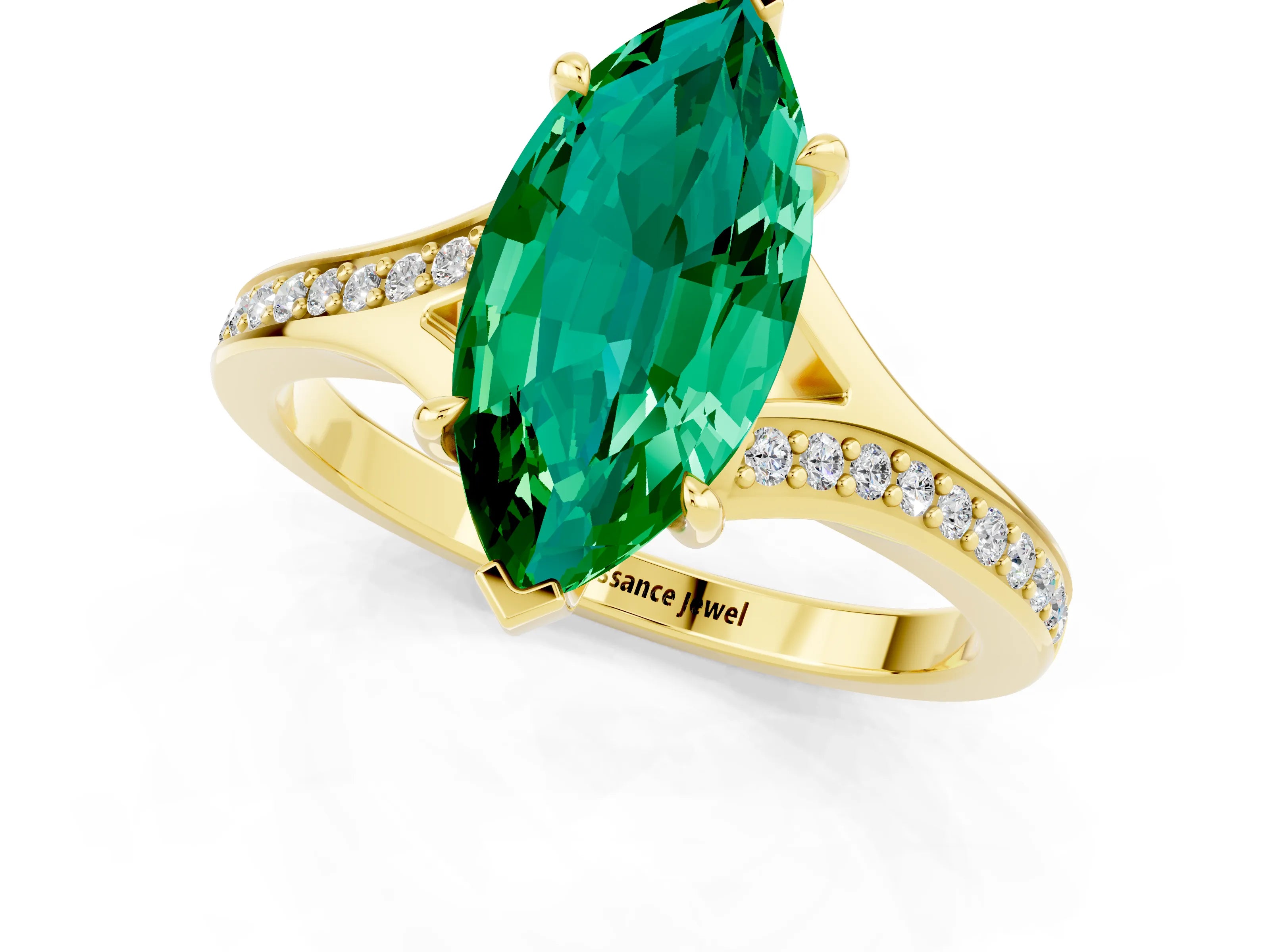 Yellow gold Marquise Cut Emerald Solitaire Ring with Pavé Band and Prong Setting_13