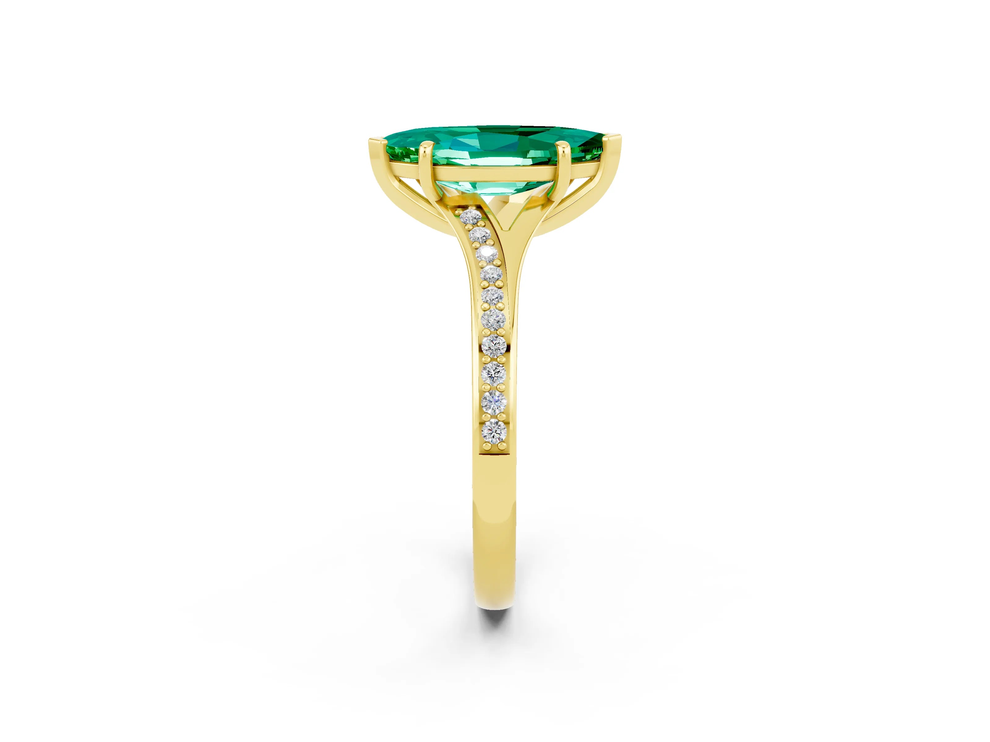 Yellow gold Marquise Cut Emerald Solitaire Ring with Pavé Band and Prong Setting_14