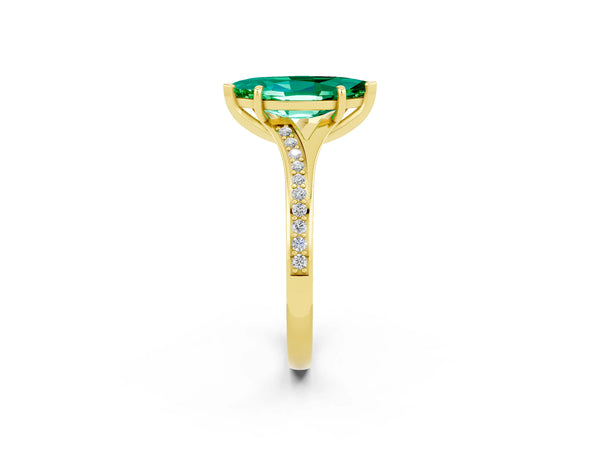 Yellow gold Marquise Cut Emerald Solitaire Ring with Pavé Band and Prong Setting