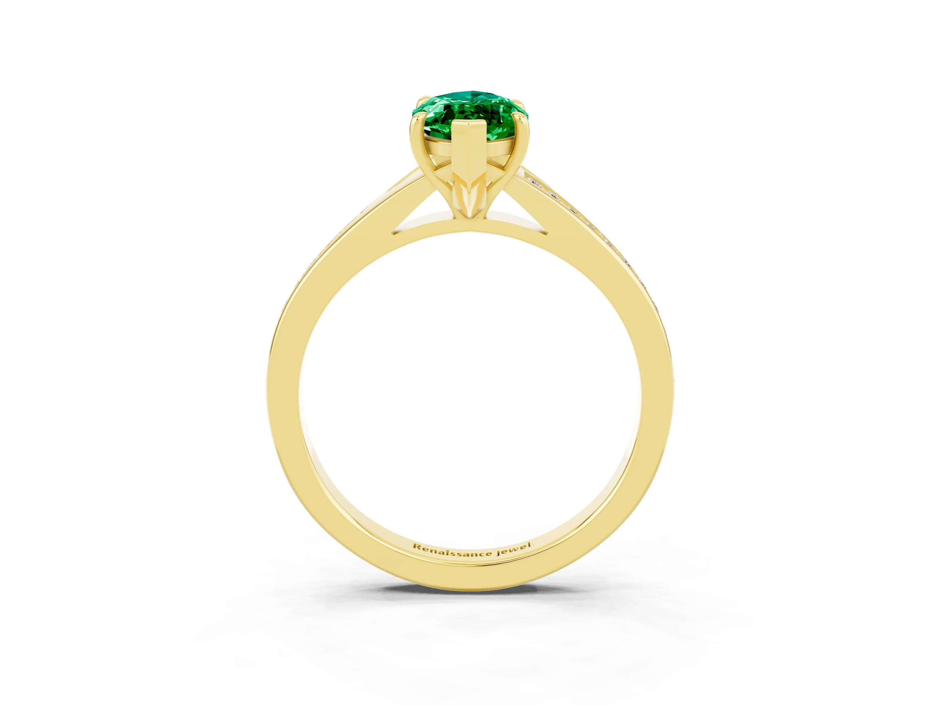 Yellow gold Marquise Cut Emerald Solitaire Ring with Pavé Band and Prong Setting_15
