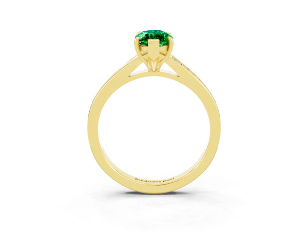Yellow gold Marquise Cut Emerald Solitaire Ring with Pavé Band and Prong Setting