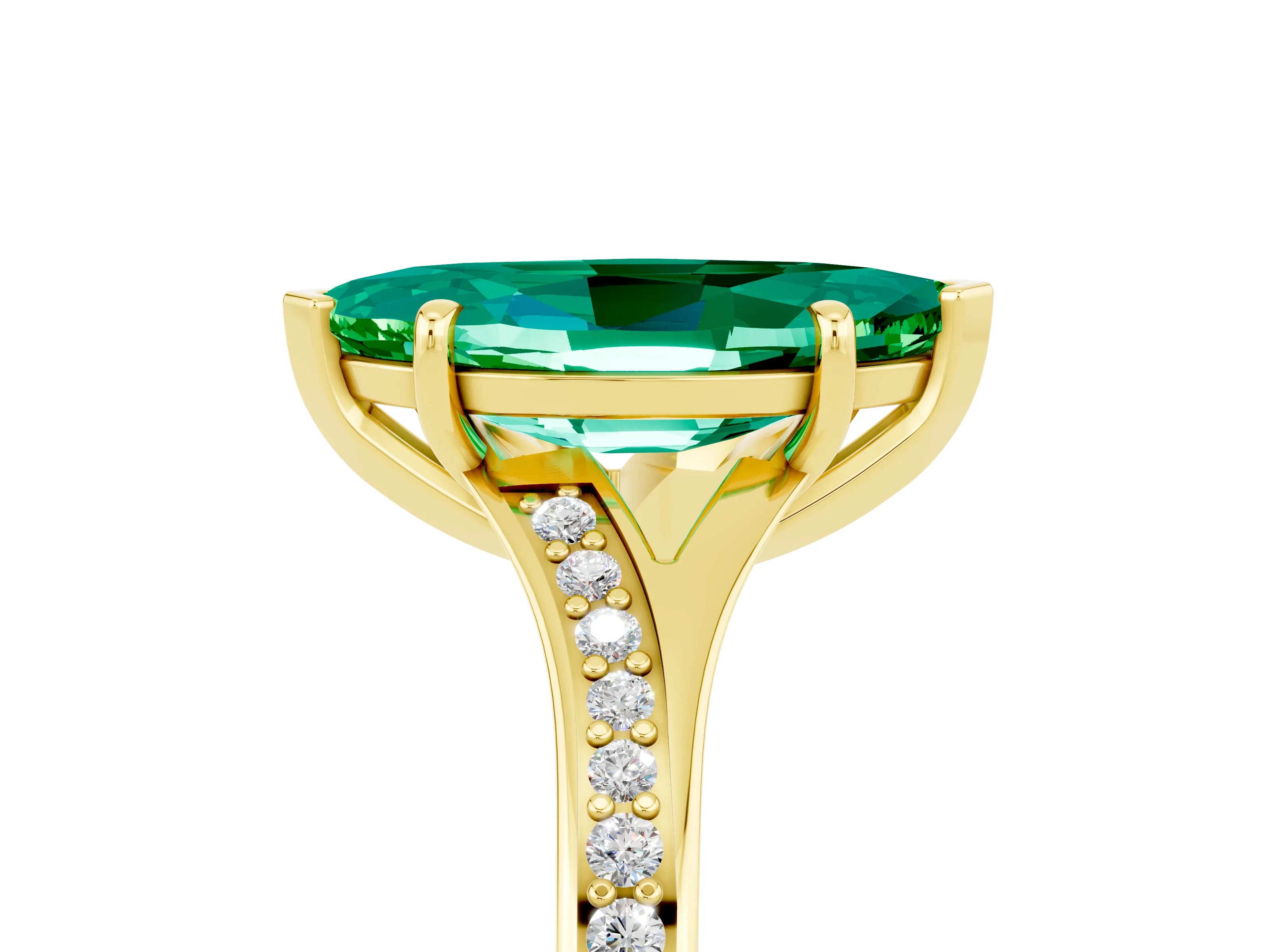 Yellow gold Marquise Cut Emerald Solitaire Ring with Pavé Band and Prong Setting_17