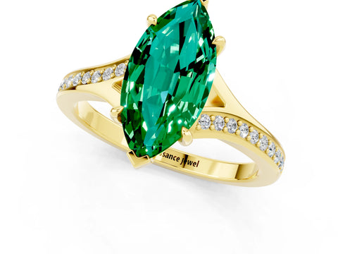 Yellow gold Marquise Cut Emerald Solitaire Ring with Pavé Band and Prong Setting_1