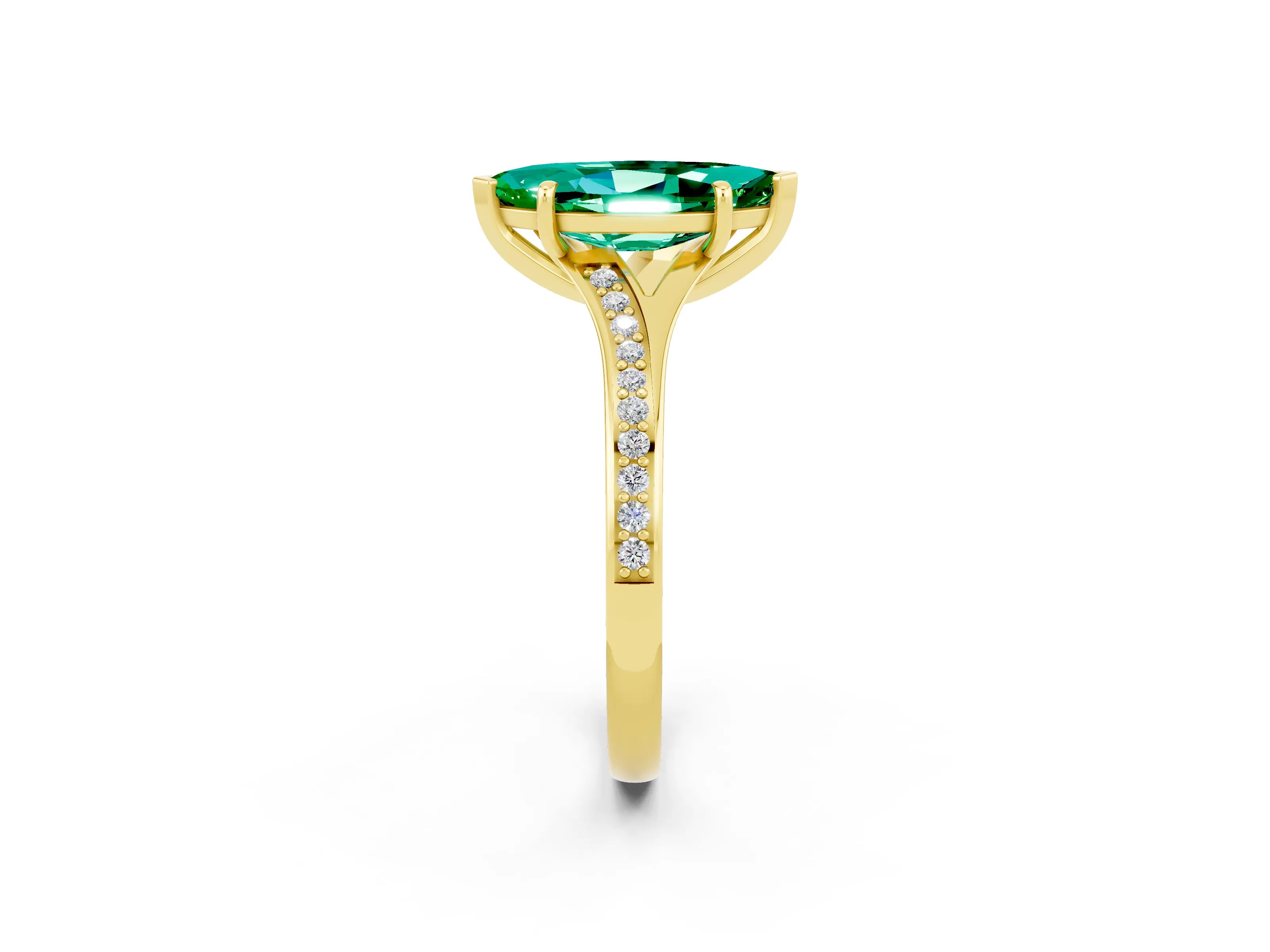 Yellow gold Marquise Cut Emerald Solitaire Ring with Pavé Band and Prong Setting_2