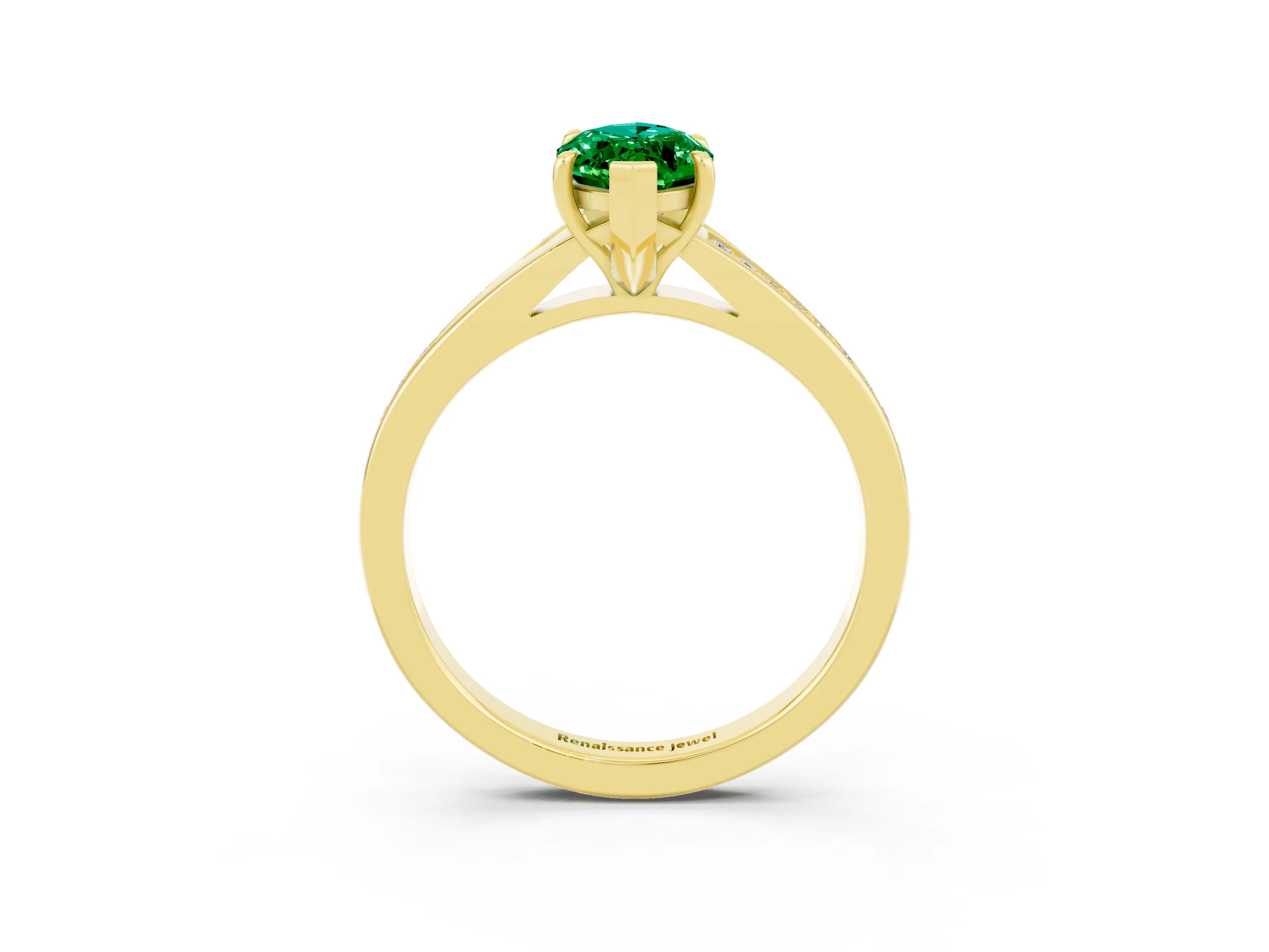 Yellow gold Marquise Cut Emerald Solitaire Ring with Pavé Band and Prong Setting_3