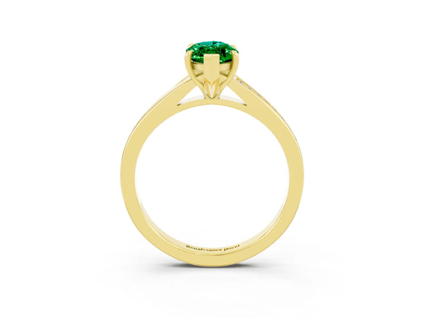 Yellow gold Marquise Cut Emerald Solitaire Ring with Pavé Band and Prong Setting