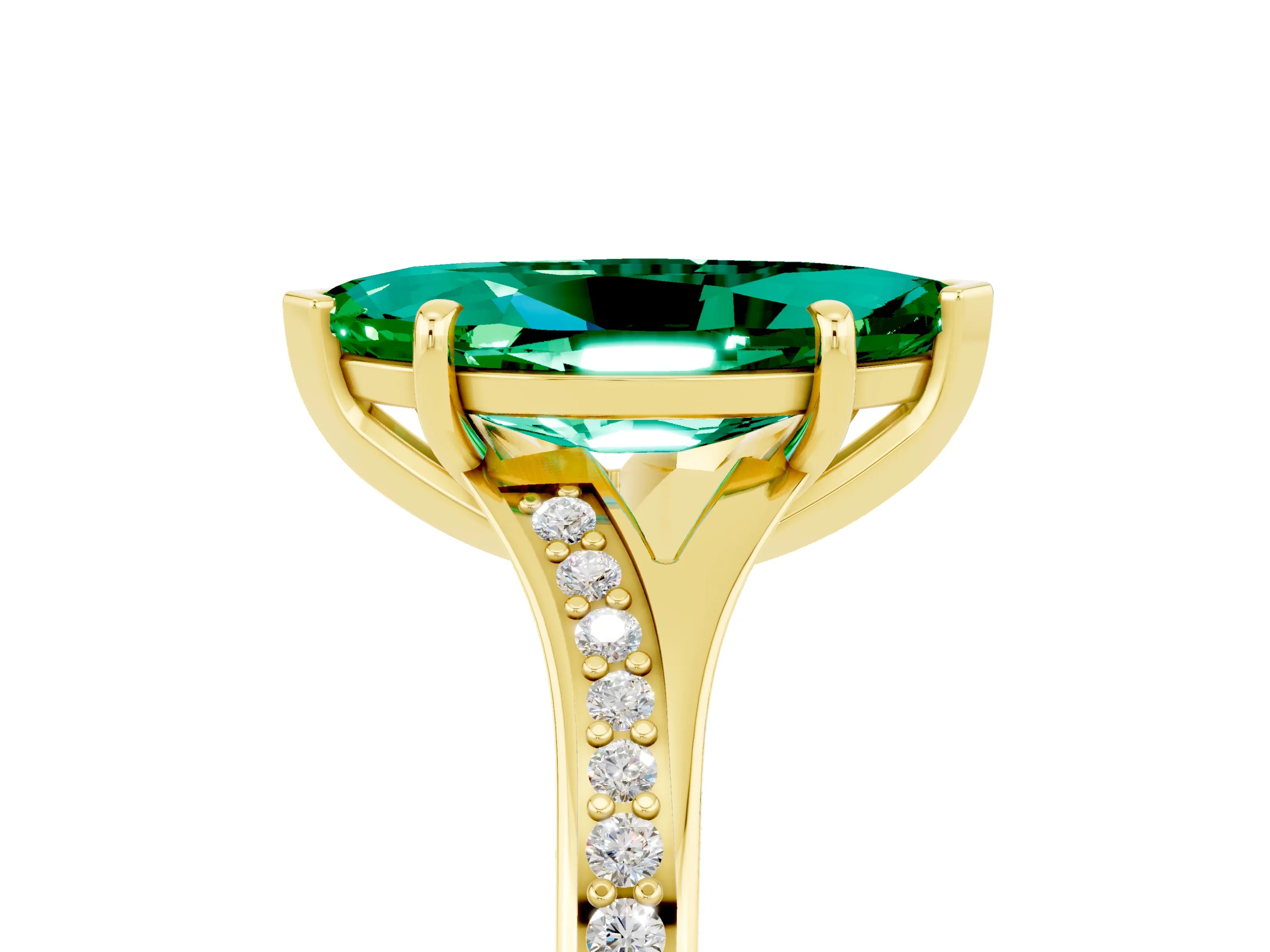 Yellow gold Marquise Cut Emerald Solitaire Ring with Pavé Band and Prong Setting_5