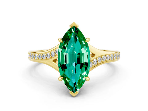 Yellow gold Marquise Cut Emerald Solitaire Ring with Pavé Band and Prong Setting