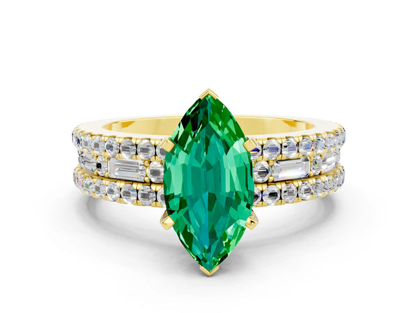 Yellow gold Marquise Cut Emerald Solitaire Ring with Pavé and Channel Set Band