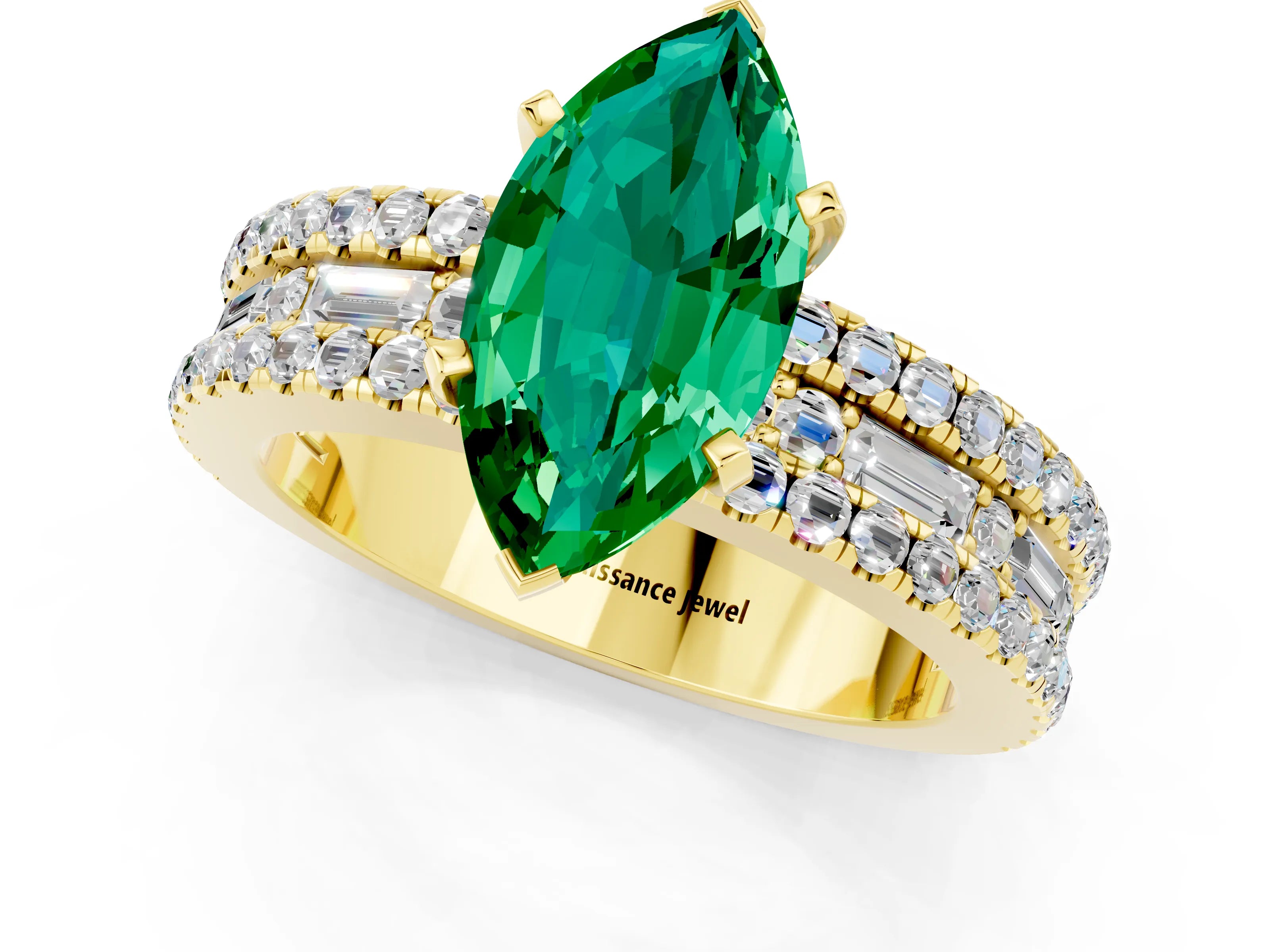 Yellow gold Marquise Cut Emerald Solitaire Ring with Pavé and Channel Set Band_1