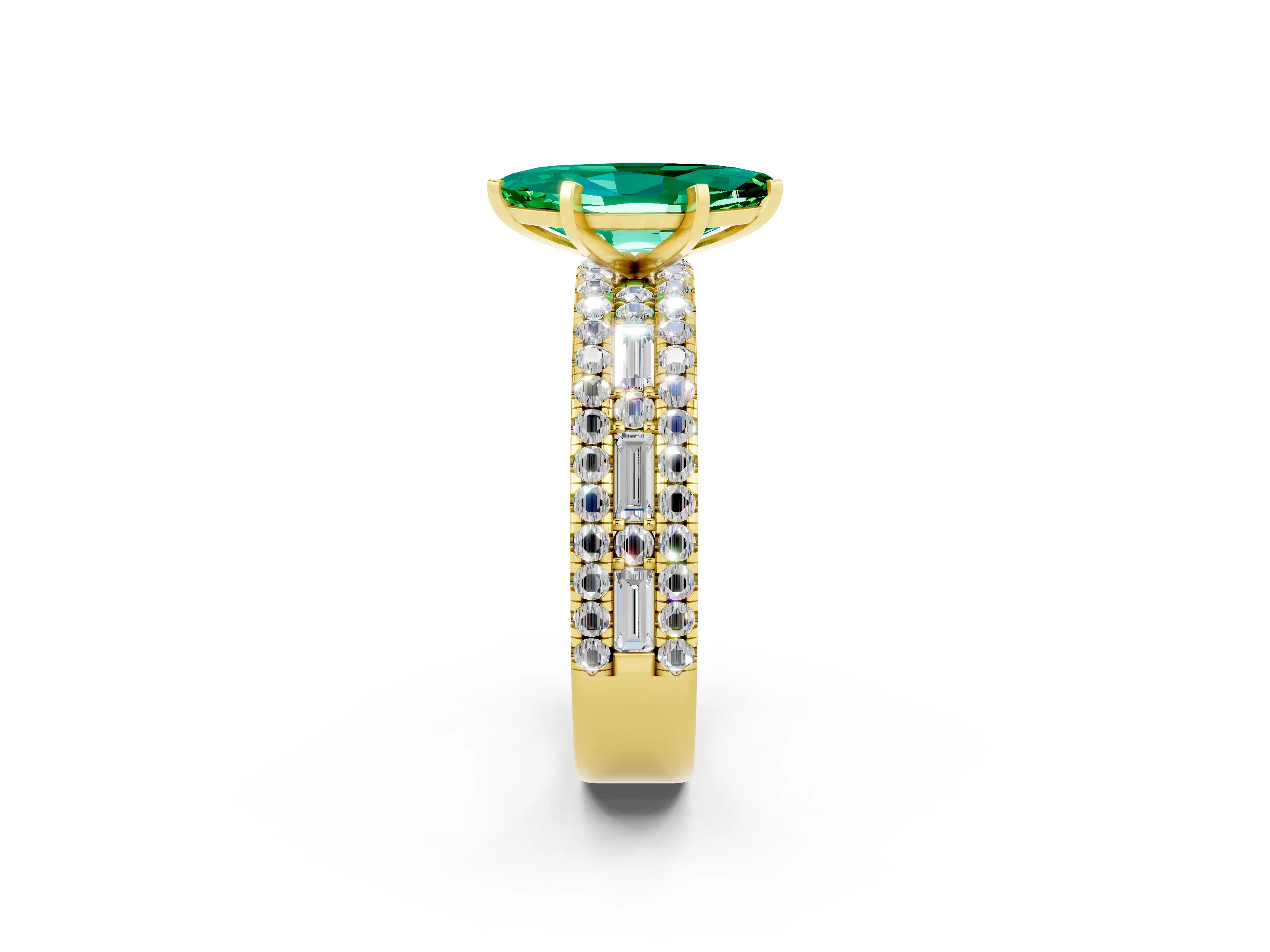 Yellow gold Marquise Cut Emerald Solitaire Ring with Pavé and Channel Set Band_2