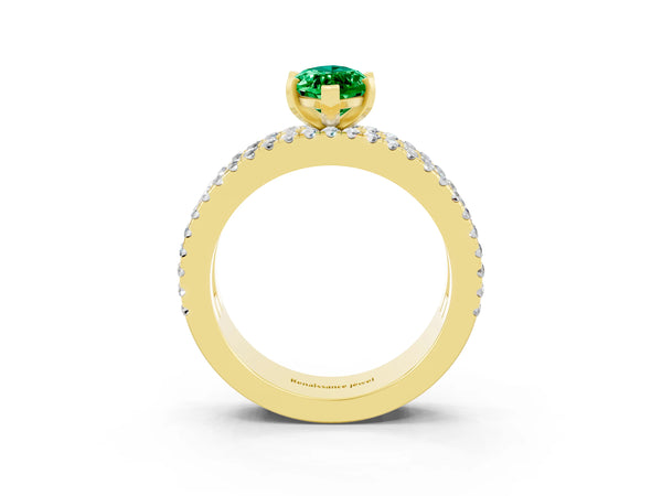 Yellow gold Marquise Cut Emerald Solitaire Ring with Pavé and Channel Set Band