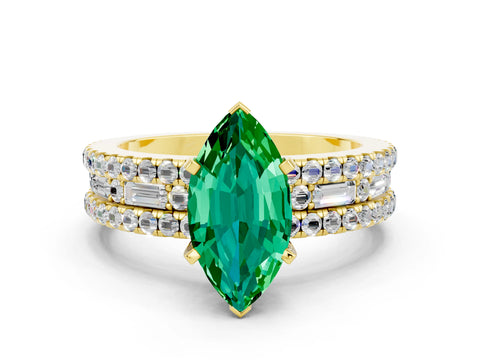 Yellow gold Marquise Cut Emerald Solitaire Ring with Pavé and Channel Set Band