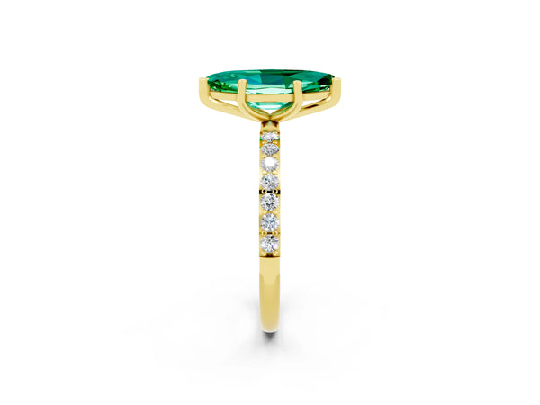 Yellow gold Marquise Cut Emerald Solitaire Ring with Round  Pavé Band and Prong Setting