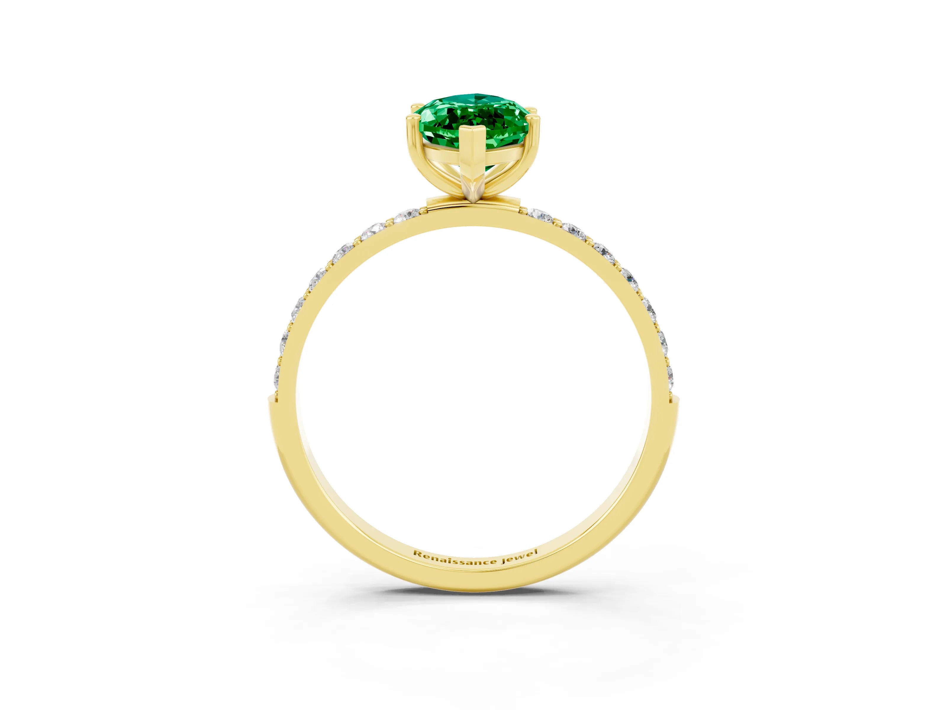 Yellow gold Marquise Cut Emerald Solitaire Ring with Pave Band and Four Prong Setting_27