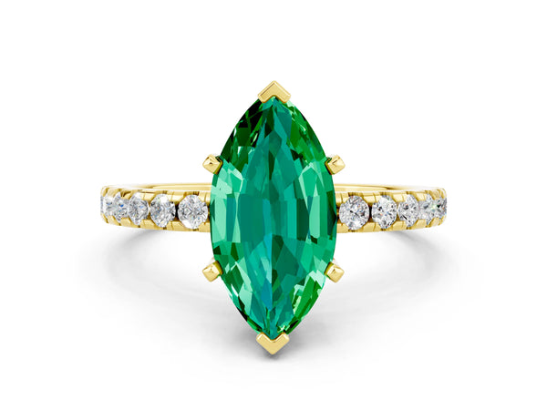 Yellow gold Marquise Cut Emerald Solitaire Ring with Round  Pavé Band and Four-Prong Setting