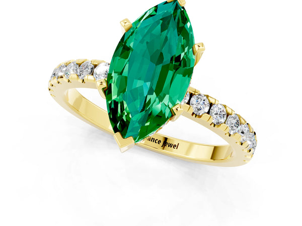 Yellow gold Marquise Cut Emerald Solitaire Ring with Round  Pavé Band and Four-Prong Setting