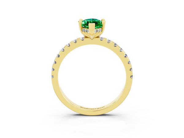 Yellow gold Marquise Cut Emerald Solitaire Ring with Round  Pavé Band and Four-Prong Setting