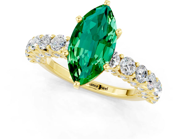 Yellow gold Marquise Cut Emerald Solitaire Ring with Shared Prong Pavé Band and Four-Prong Setting