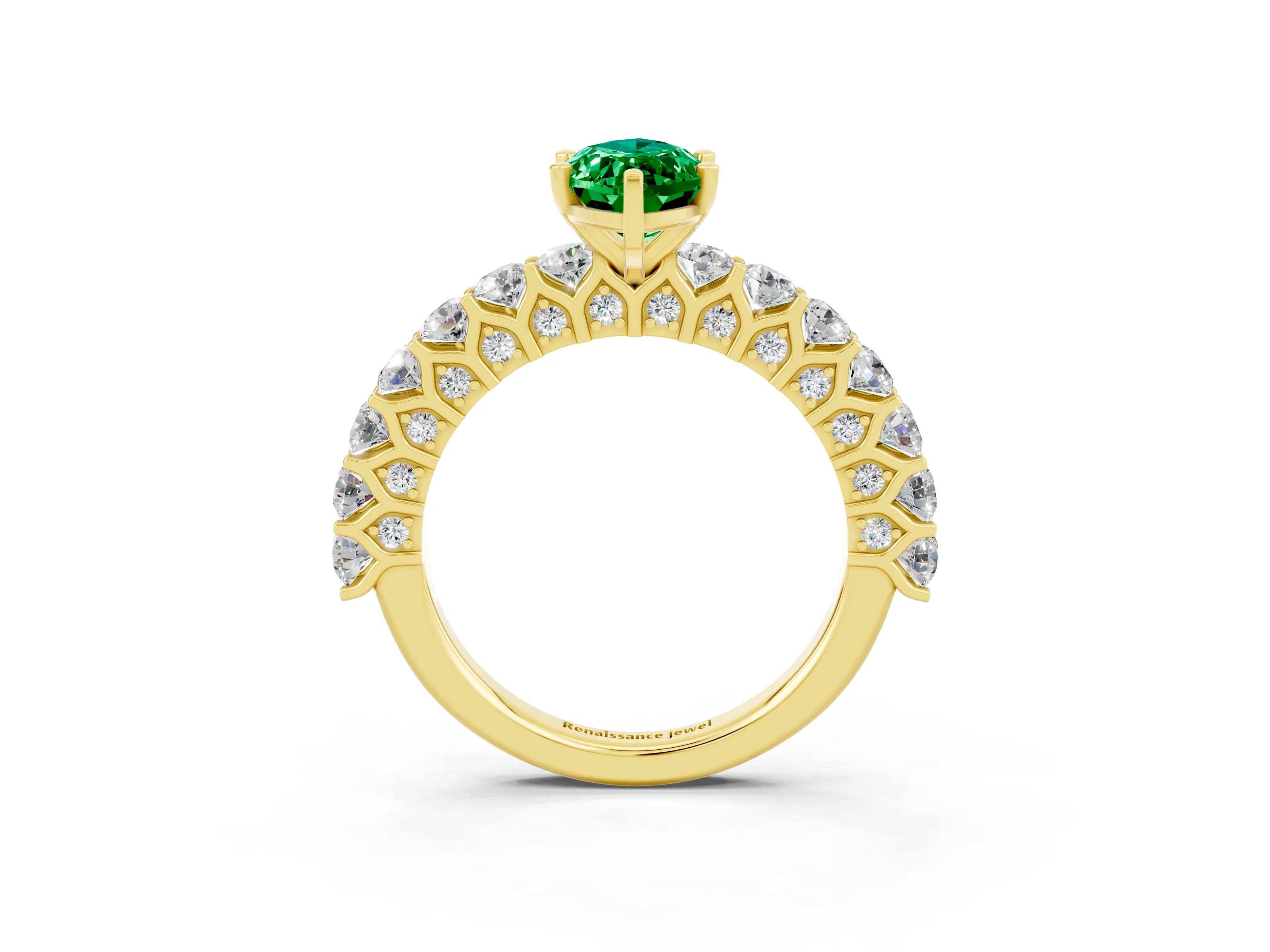 Yellow gold Marquise Cut Emerald Solitaire Ring with Shared Prong Pavé Band and Four-Prong Setting_3