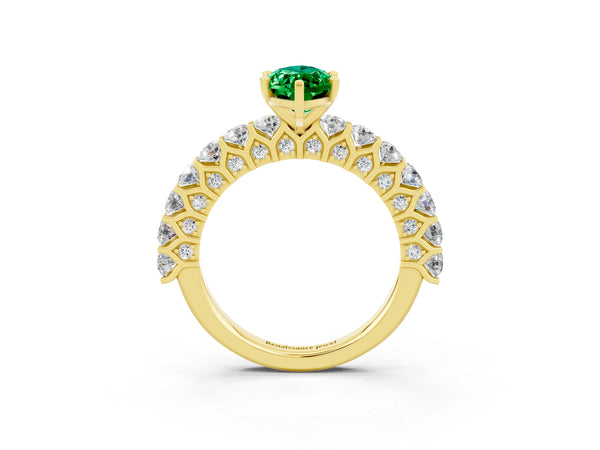 Yellow gold Marquise Cut Emerald Solitaire Ring with Shared Prong Pavé Band and Four-Prong Setting