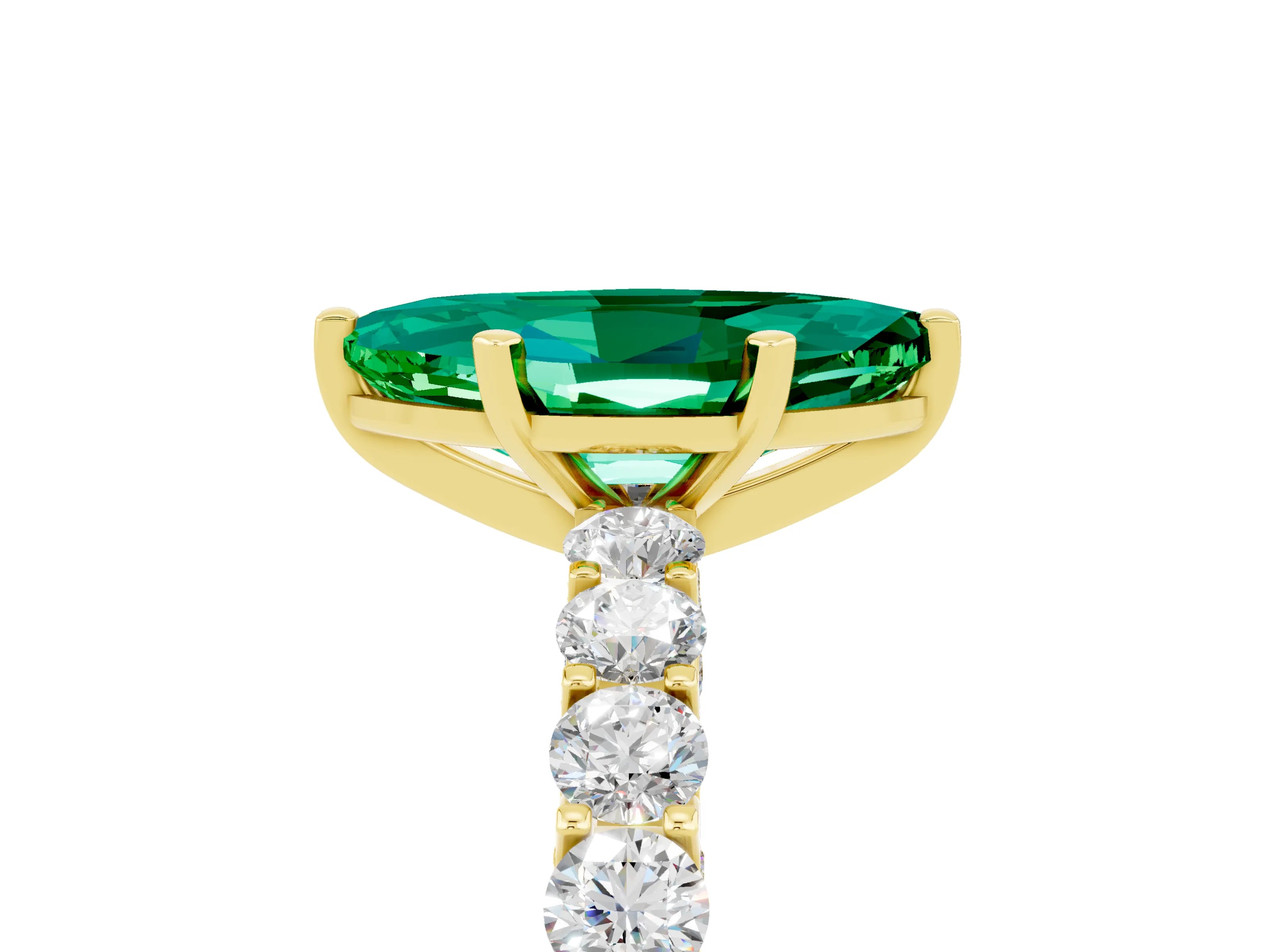 Yellow gold Marquise Cut Emerald Solitaire Ring with Shared Prong Pavé Band and Four-Prong Setting_5