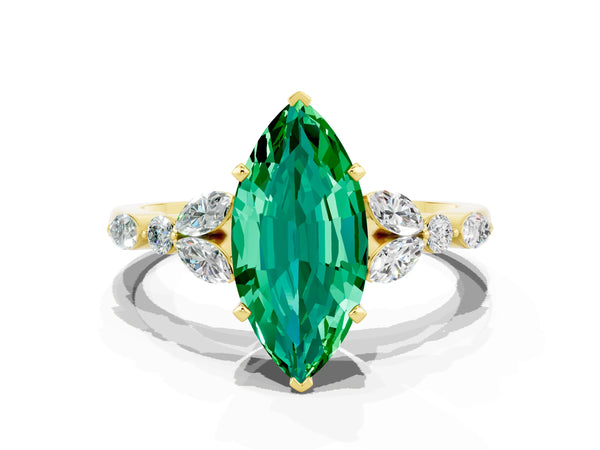 Yellow gold Marquise Cut Emerald Solitaire Ring with Side Stones and Four-Prong Setting