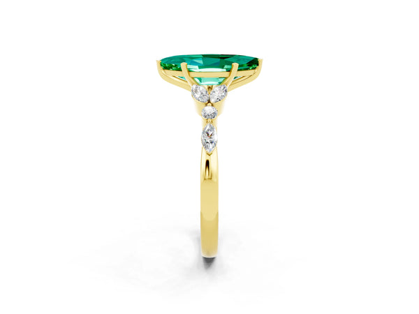 Yellow gold Marquise Cut Emerald Solitaire Ring with Side Stones and Four-Prong Setting